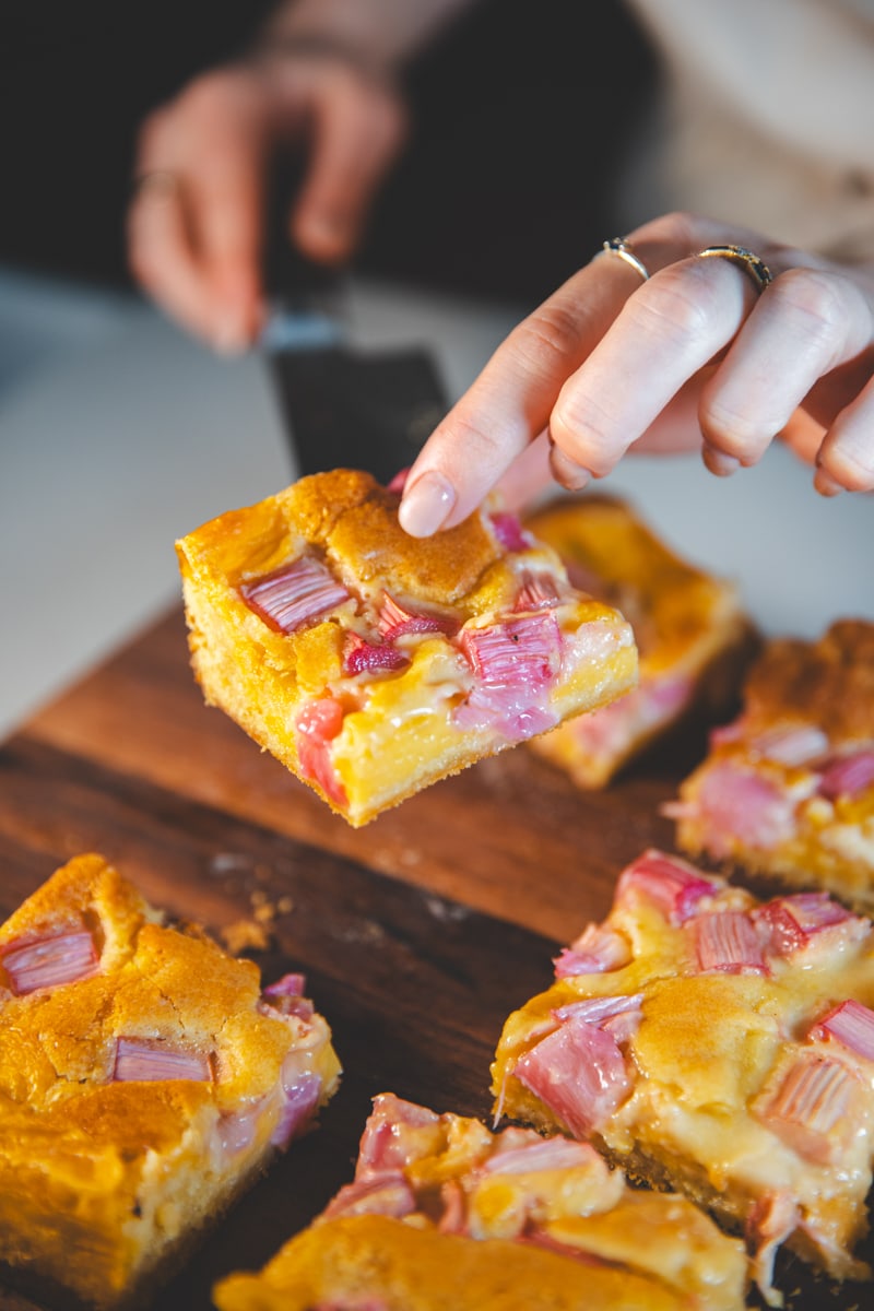 A slice of Rhubarb & Custard Blondies - Georgie Eats