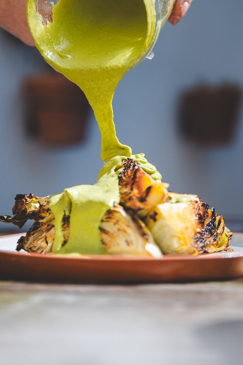 Griddled Hispi Cabbage & Charred Jalapeno Sauce - Georgie Mullen