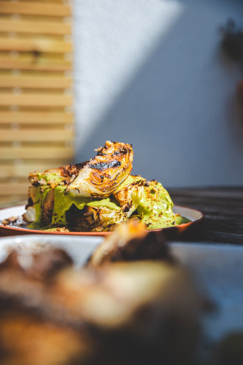 Griddled Hispi Cabbage & Charred Jalapeno Sauce - Georgie Mullen