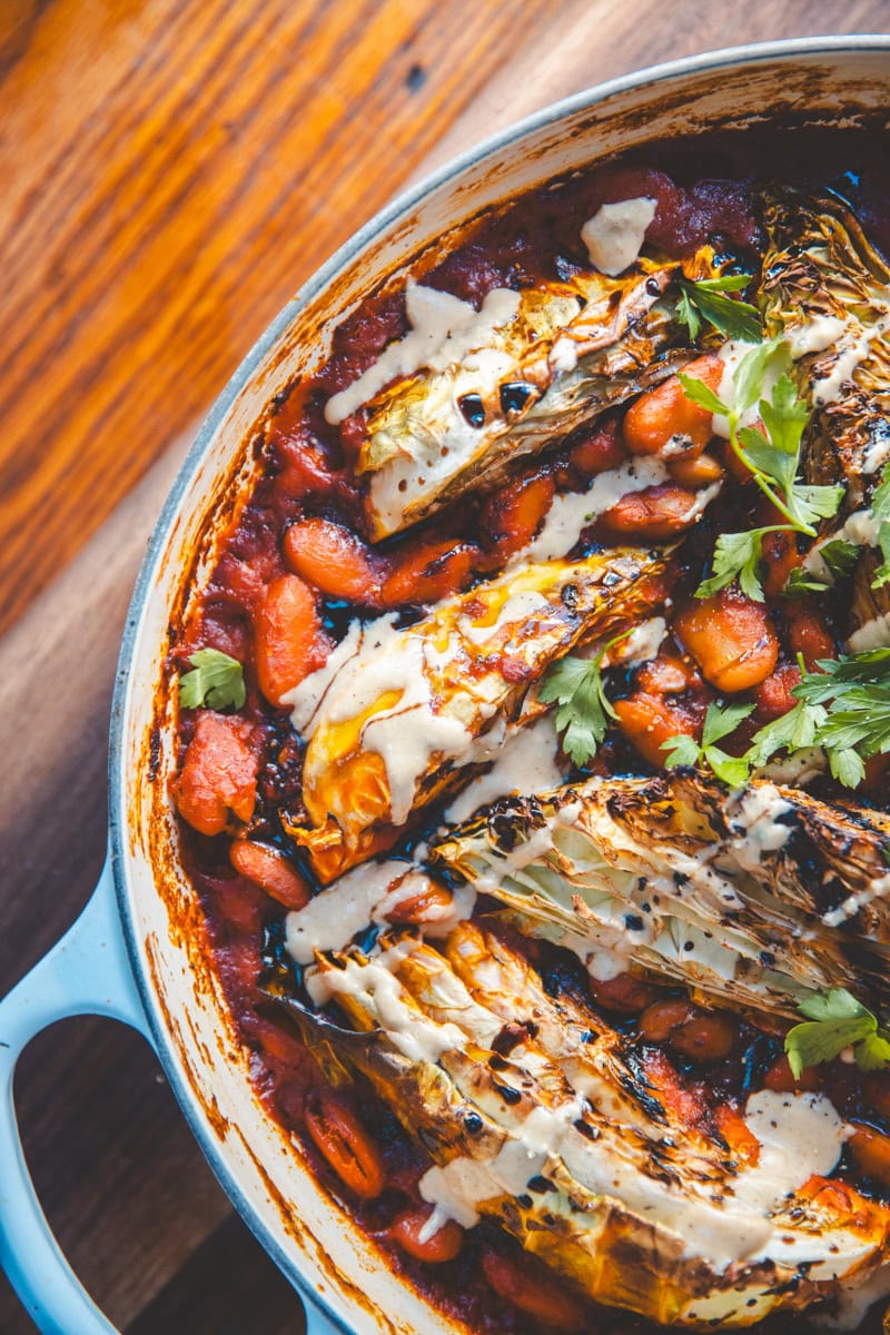 Harissa Butter Bean & Hispi Cabbage Bake - Georgie Eats