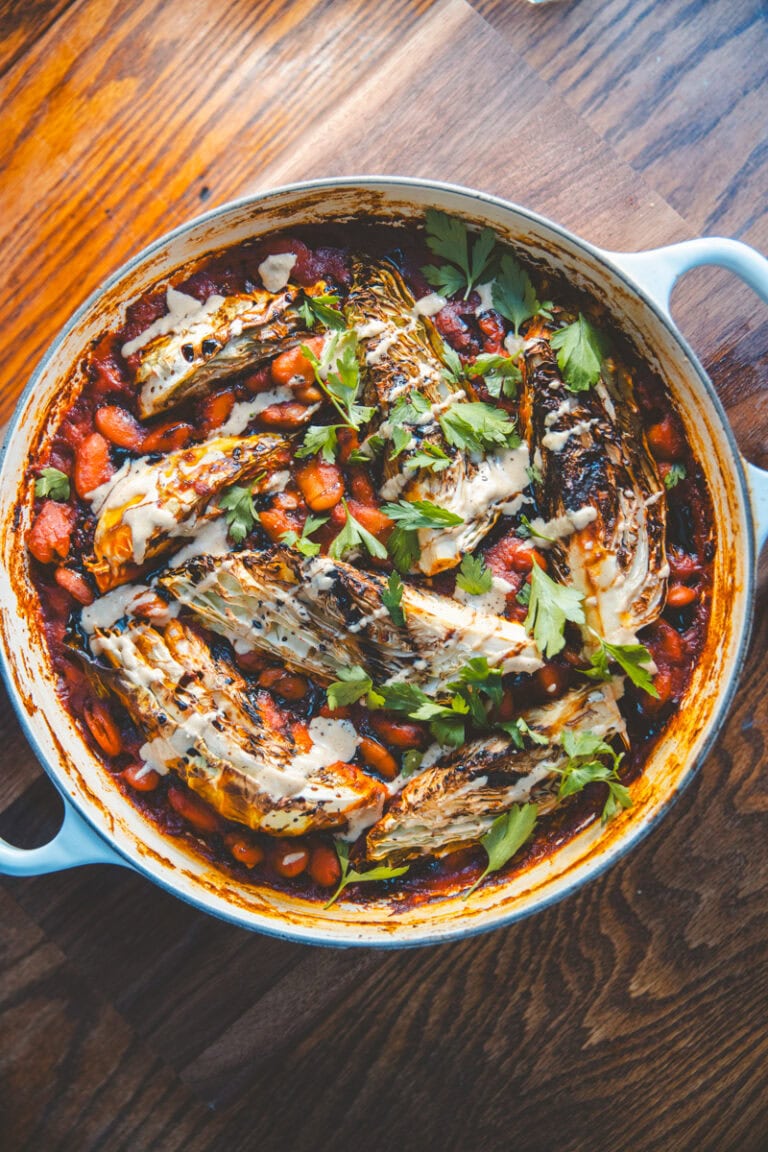 Harissa Butter Bean & Hispi Cabbage Bake - Georgie Eats