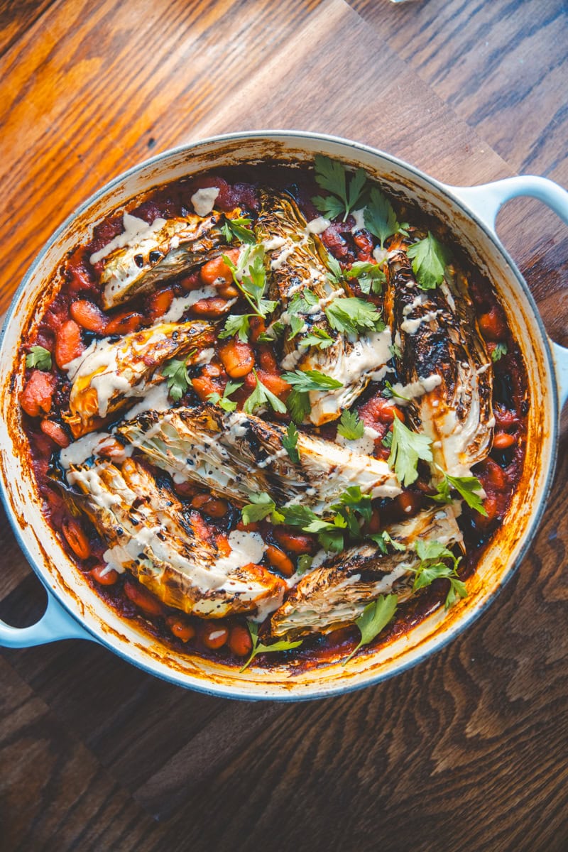 Harissa Butter Bean & Hispi Cabbage Bake - Georgie Eats