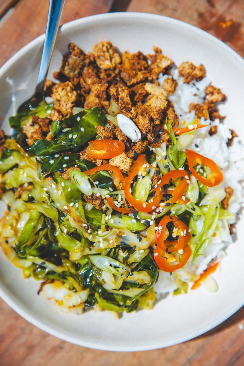 Hispi Cabbage Stir-Fry & Crispy Tofu Bowls - Georgie Eats