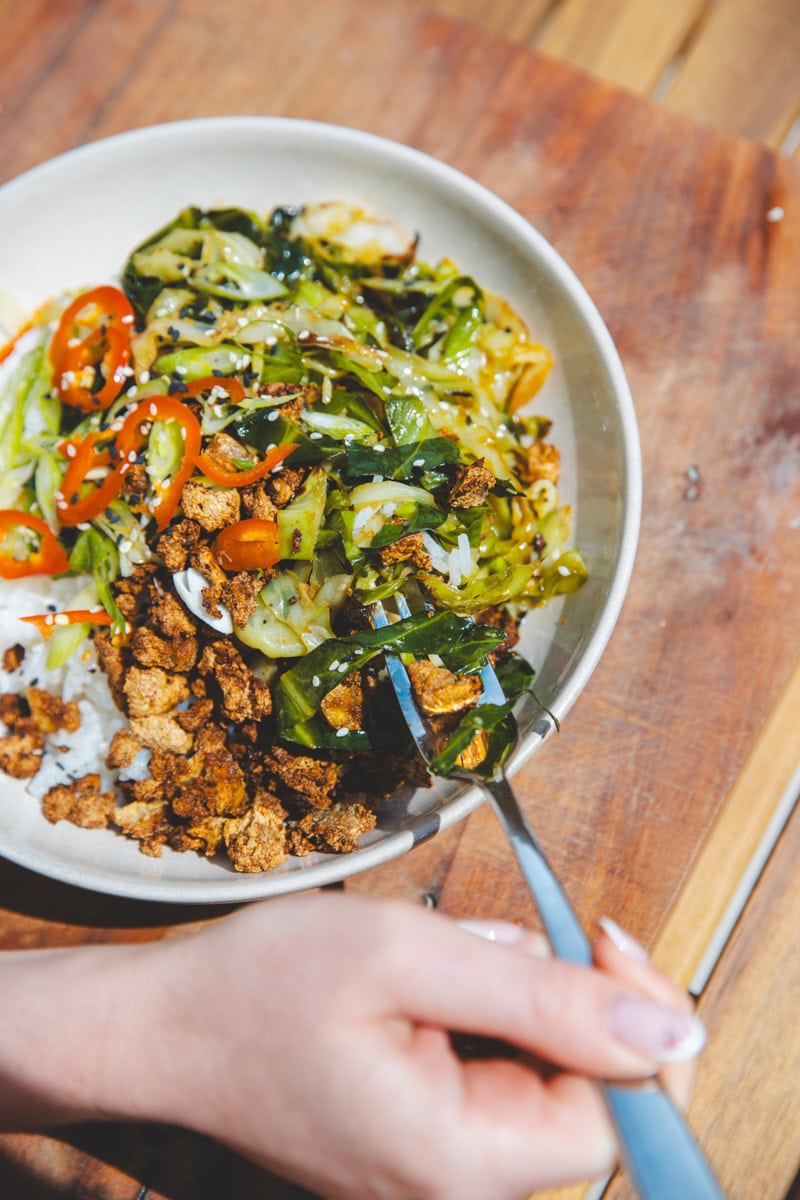 Hispi Cabbage Stir-Fry & Crispy Tofu Bowls - Georgie Eats