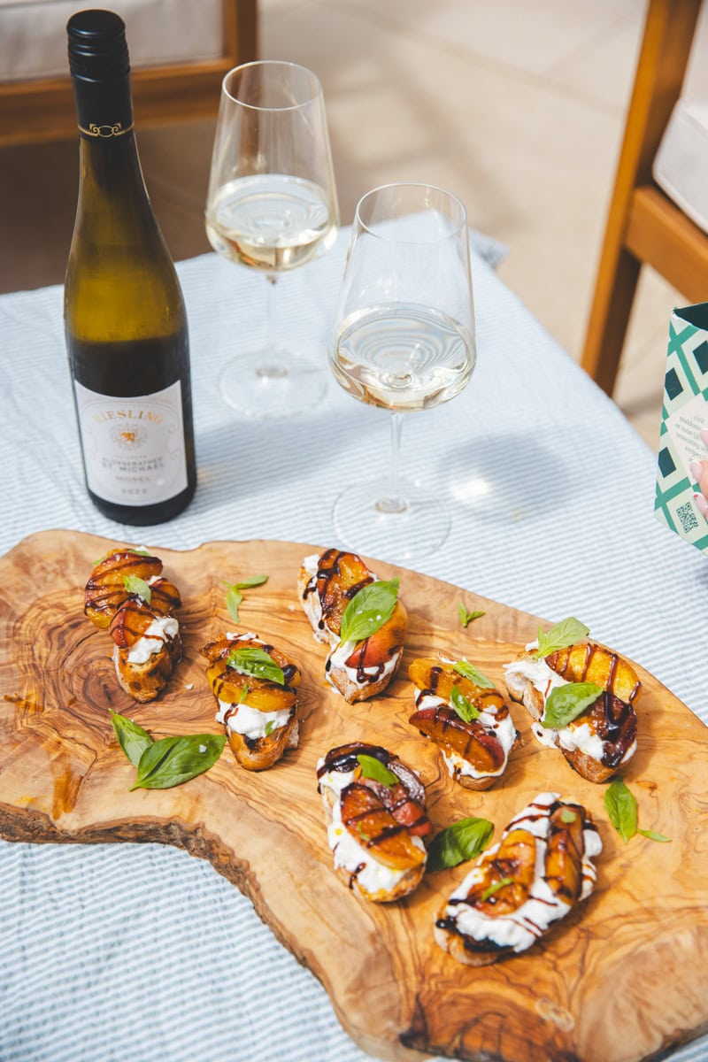 Peach, Basil & Burrata Toasts with Riesling - Georgie Eats