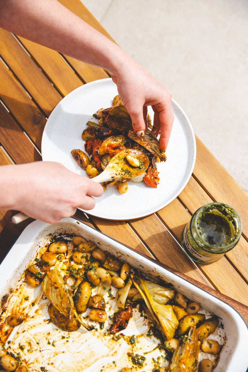 Serving the Fennel & Salsa Verde Traybake Salad - Georgie Eats