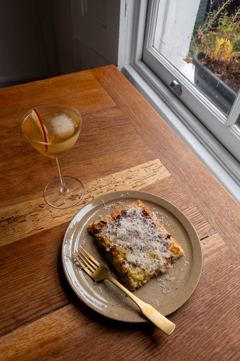 Leek, Gruyere & Parmesan Tart with a cider cocktail - Georgie Eats