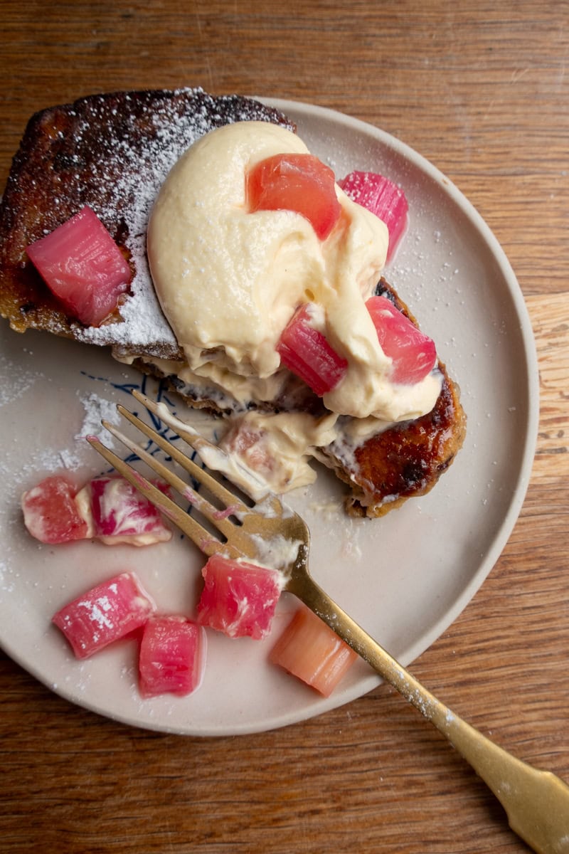 Rhubarb & Custard Hot Cross Bun French Toast cut open - Georgie Mullen