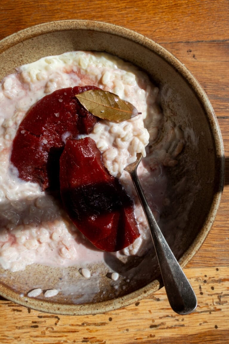 Poached Quince with vanilla rice pud