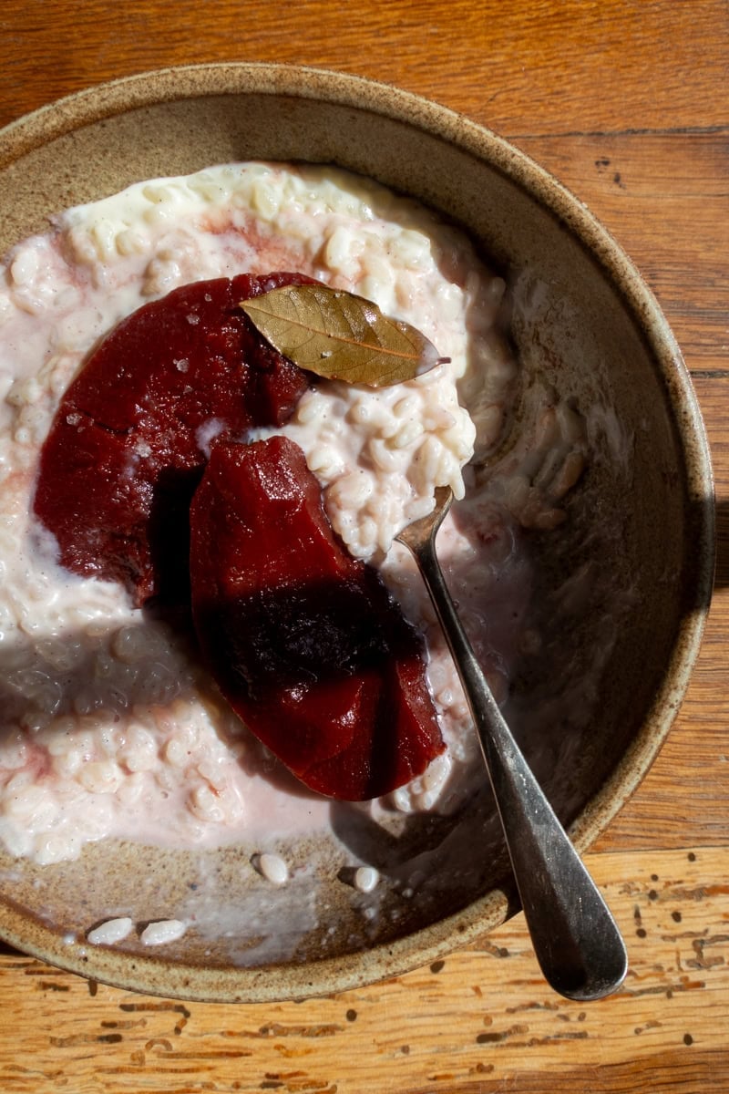 Poached Quince with vanilla rice pud